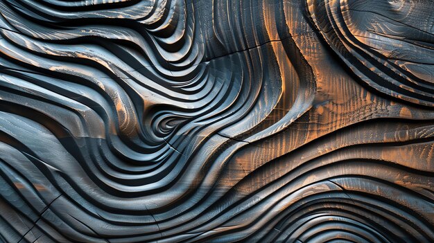 Foto fondo de madera tallada con un patrón ondulado el grano de madera oscura contrasta con el grano de madeira claro creando una sensación de profundidad y textura