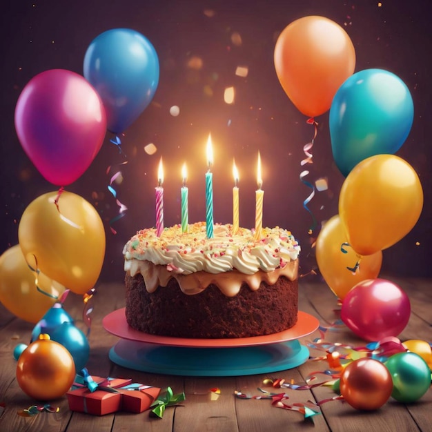 Fondo de madera con una tarta de cumpleaños adornada con velas y globos.