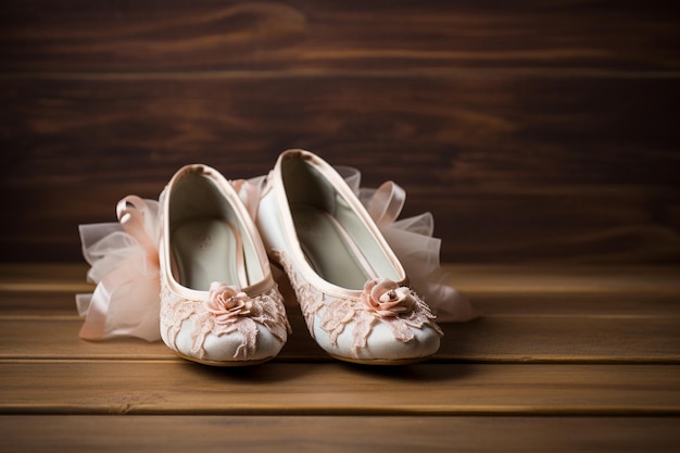 Fondo de madera y zapatos de punta para una bailarina