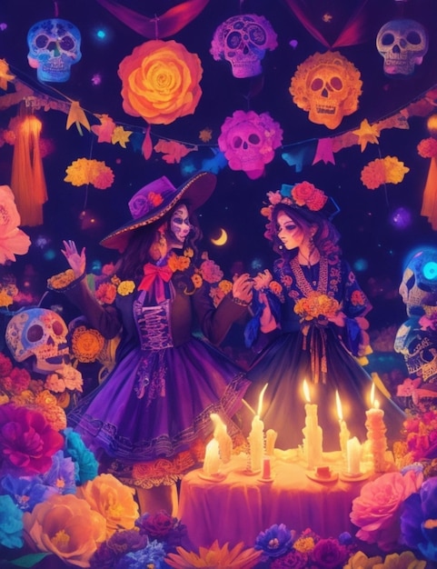 fondo mágico vibrante del día de los muertos colorido