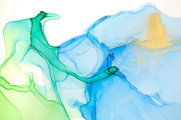 Fondo de manchas abstractas de acuarela verde y azul. Textura de degradado de tinta.