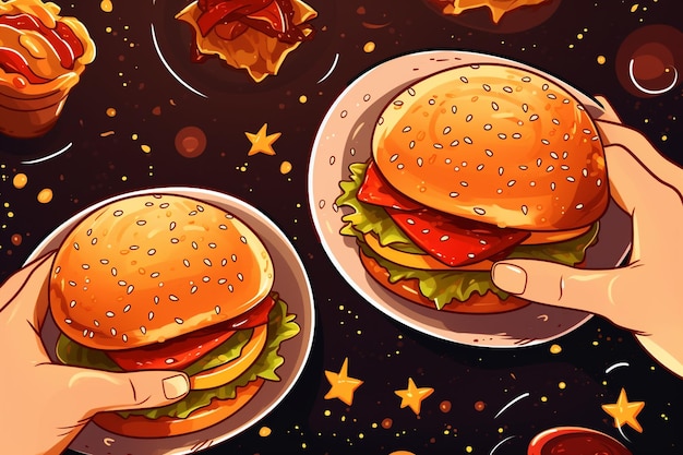 El fondo de las manos con una deliciosa hamburguesa