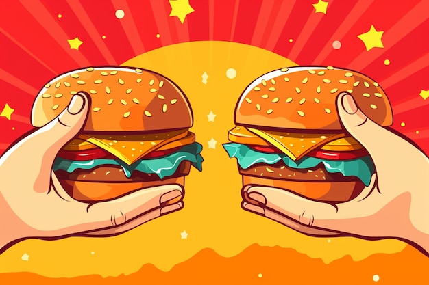 Foto el fondo de las manos con una deliciosa hamburguesa