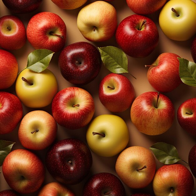 Fondo de manzanas rojas y amarillas con hojas verdes Vista superior