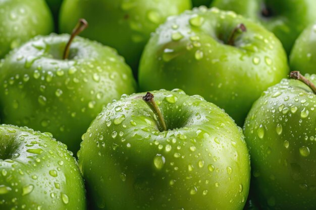 Fondo con manzanas verdes crujientes maduras de cultivo local verano y otoño deliciosas frutas frescas y saludables