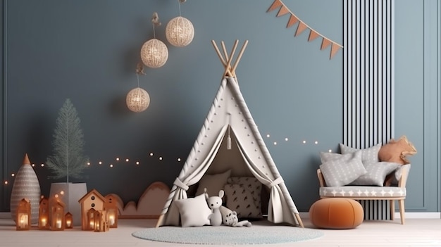 Fondo de maqueta de pared en el interior de la habitación de los niños decorado para año nuevo