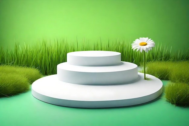 Foto el fondo de la maqueta y el producto es una plataforma blanca y verde con hierba y flores