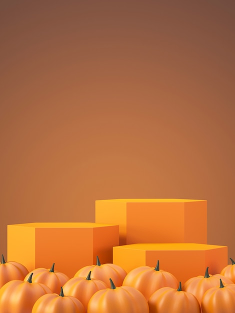 Fondo de maqueta de producto de Halloween con pantalla de podio de producto naranja 3D y calabaza, ilustración de render 3D