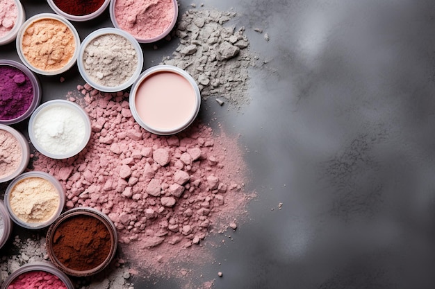 Fondo de maquillaje con polvo ronge y herramientas en la vista de mesa rosa y gris