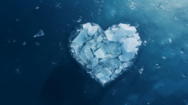 El fondo del mar o el océano con una vista desde arriba y un corazón frío y congelado de hielo flotante