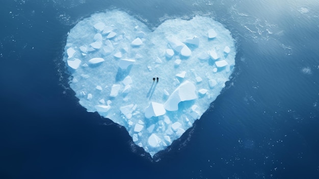 El fondo del mar o el océano con una vista desde arriba y un corazón frío y congelado de hielo flotante