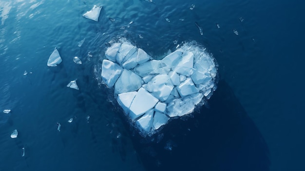 Foto el fondo del mar o el océano con una vista desde arriba y un corazón frío y congelado de hielo flotante