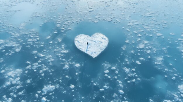 El fondo del mar o el océano con una vista desde arriba y un corazón frío y congelado de hielo flotante