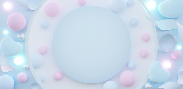 Fondo de marco de círculo Corazón hecho de bolas pastel bola de cristal y concepto de cinta de amor 3D