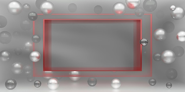 Fondo de marco de texto y smog Cuadro de texto elegante rodeado de cuentas y bolas de vidrio Ilustración 3d
