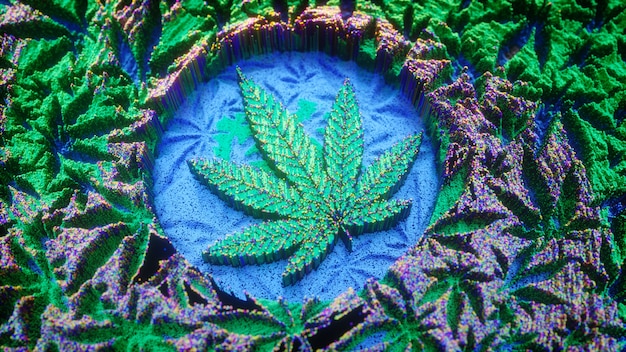 Fondo de marihuana. Hoja de cannabis en estilo de arte digital. Hierba, ilustración 3D. Diseño de pancarta, póster o volante de marihuana.