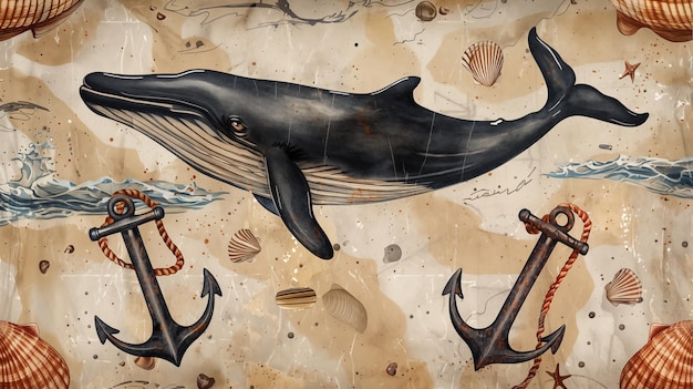 Fondo marino con ballena y anclas