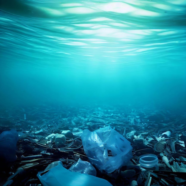 Fondo marino contaminado con plásticos de basura en el océano