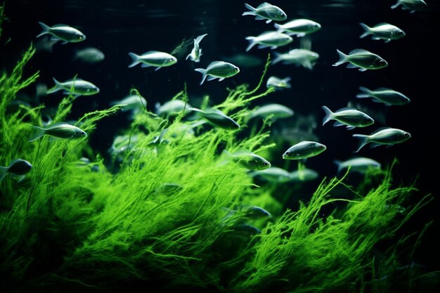 Foto fondo marino oscuro de algas verdes y hermosos peces de acuario brillantes