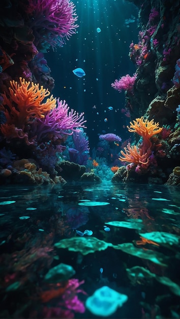Fondo marino tropical submarino con arrecife y sol