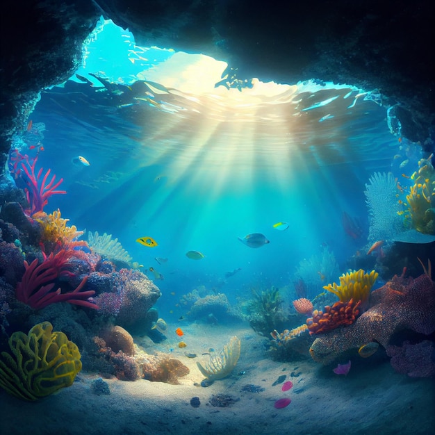 Foto fondo marino tropical submarino con arrecife y sol