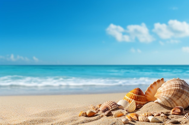 fondo marino de verano con conchas marinas y arena con espacio para el texto