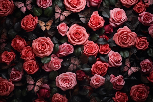 Fondo de mariposas y rosas con hojas