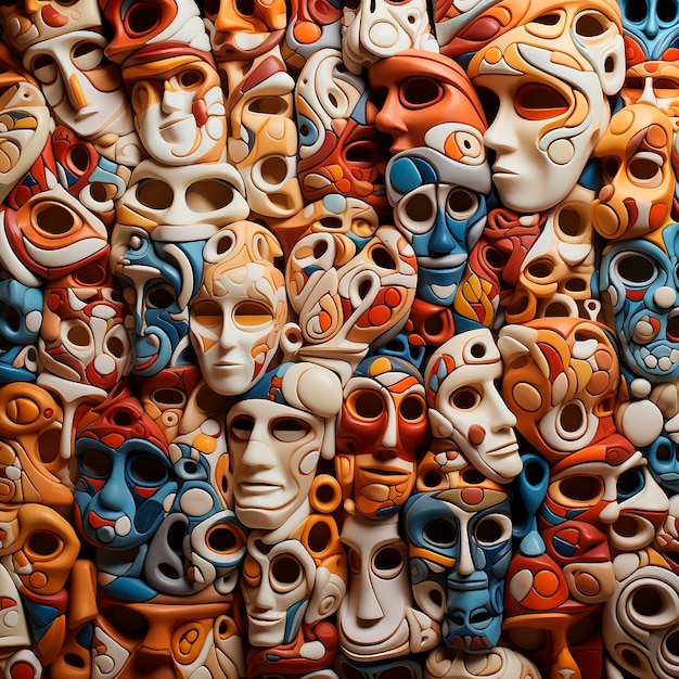 Fondo de máscaras de rostros humanos diferentes emociones y colores papel tapiz psicodélico inusual