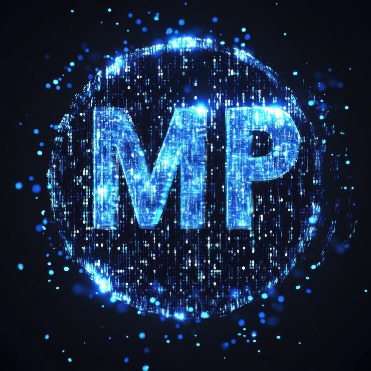 Foto fondo de matriz azul con código binario para el uso del símbolo mvp