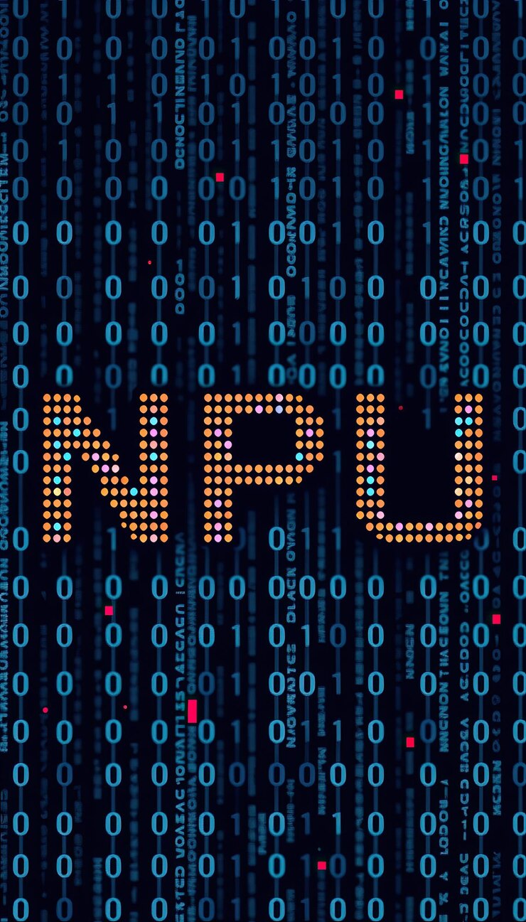 Foto fondo de matriz de código binario digital con letras brillantes tecnología de unidad de procesamiento neuronal npu