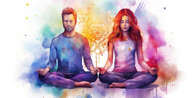 Fondo de meditación de pareja tranquila explorando chakras prana la mente de Dios y la espiritualidad a través de una hermosa ilustración de acuarela IA Generativa AI