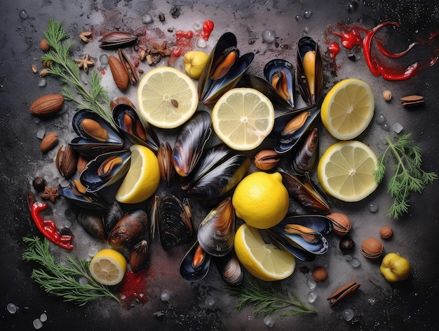 Fondo de mejillones frescos con limón y especias