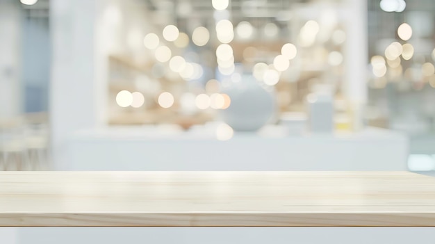 Fondo de mesa blanco sobre luz bokeh borrosa para la exhibición de productos Mesa de madera blanca con IA generativa