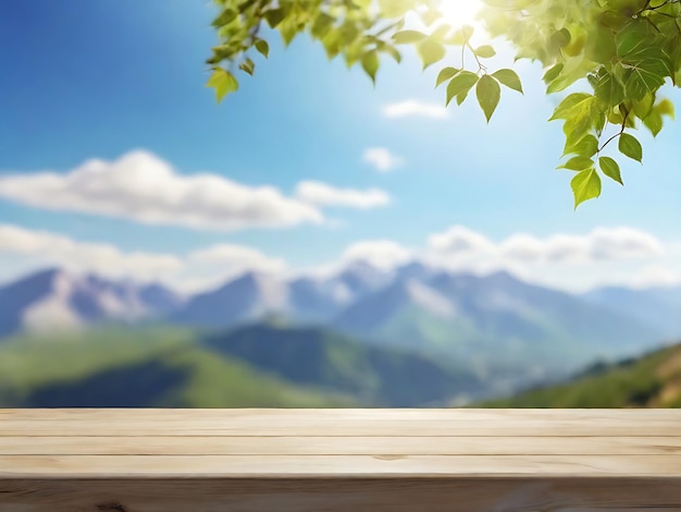 Fondo de mesa escénico Espacio libre para su decoración con paisaje de montaña borroso cielo azul