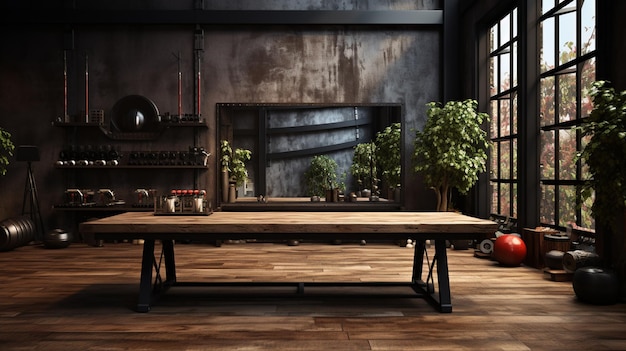 Fondo de mesa de espacio libre para su decoración e interior de gimnasio.