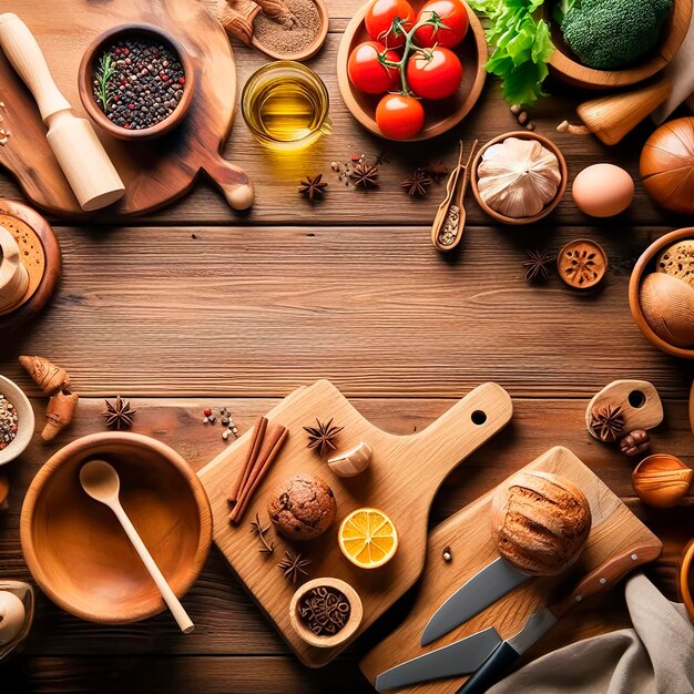 Fondo de mesa de madera con algunos utensilios y artículos de cocina