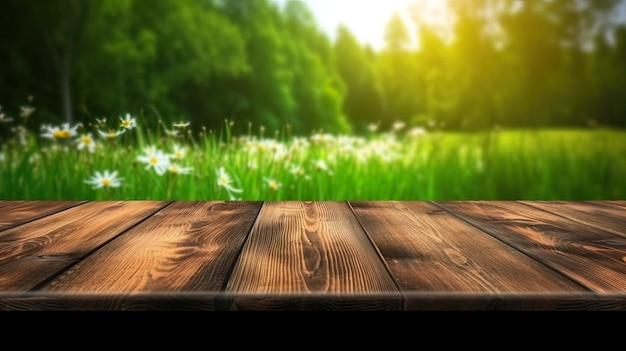 Fondo de mesa de madera de bosque Prado soleado de verano con fondo de árboles de bosque de hierba verde y superficie de madera rústica para productos alimenticios