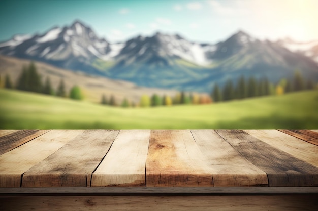 Fondo de mesa de madera en un diseño plano de prados de Alpes borrosos AI generativo AIG15