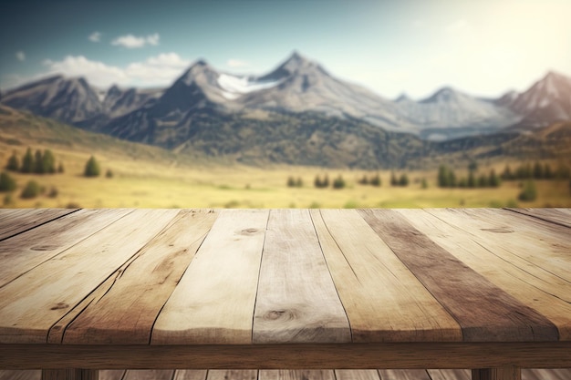 Fondo de mesa de madera en un diseño plano de prados de Alpes borrosos AI generativo AIG15