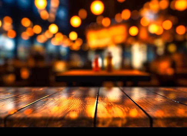 Fondo de mesa de madera con luces borrosas