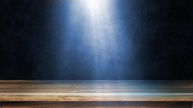 Fondo de mesa de madera con luz azul.