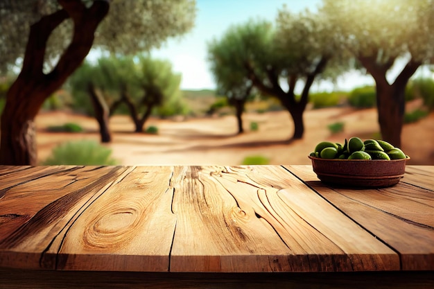 Fondo de mesa de madera con olivos en un jardín de granja