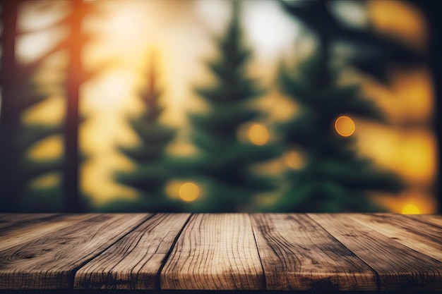 Fondo de mesa de madera en un plano de bosque de pinos borroso AI generativo AIG15