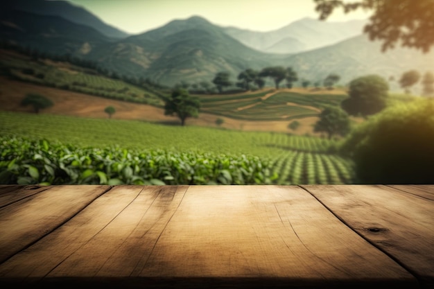 Fondo de mesa de madera en una plantación de té soleada borrosa IA generativa AIG15