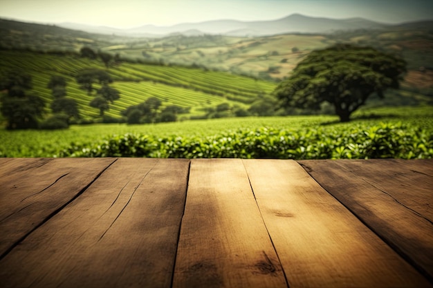 Fondo de mesa de madera en una plantación de té soleada borrosa IA generativa AIG15