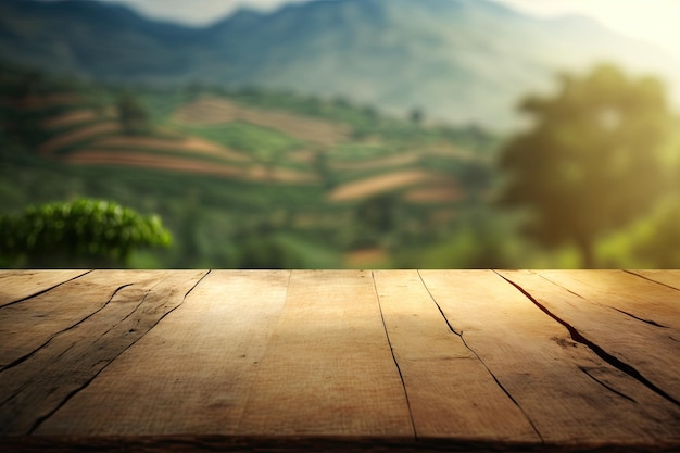 Fondo de mesa de madera en una plantación de té soleada borrosa IA generativa AIG15