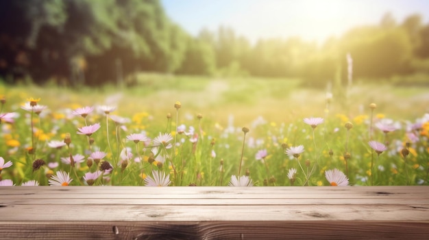 Fondo de mesa de madera en pradera soleada con flores silvestres vista borrosa AI generado