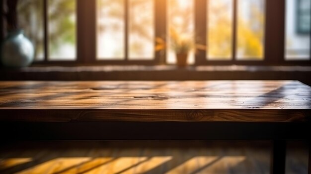 Fondo de una mesa de madera y una ventana con luz Generativa Ai