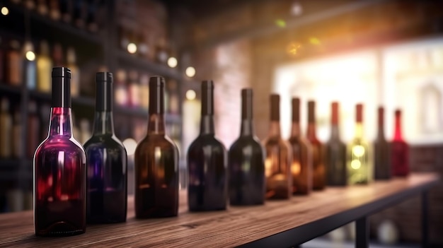 Fondo de mesa de madera de vino Tienda de vinos borrosa con botellas Color brillante Generativo Ai