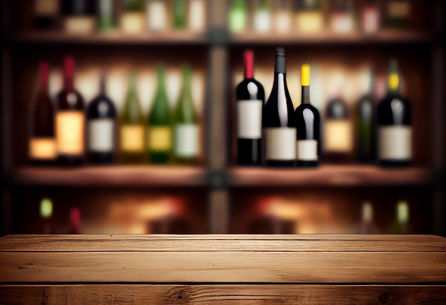 Fondo de mesa de madera de vino Tienda de vinos borrosa con botellas Generar Ai